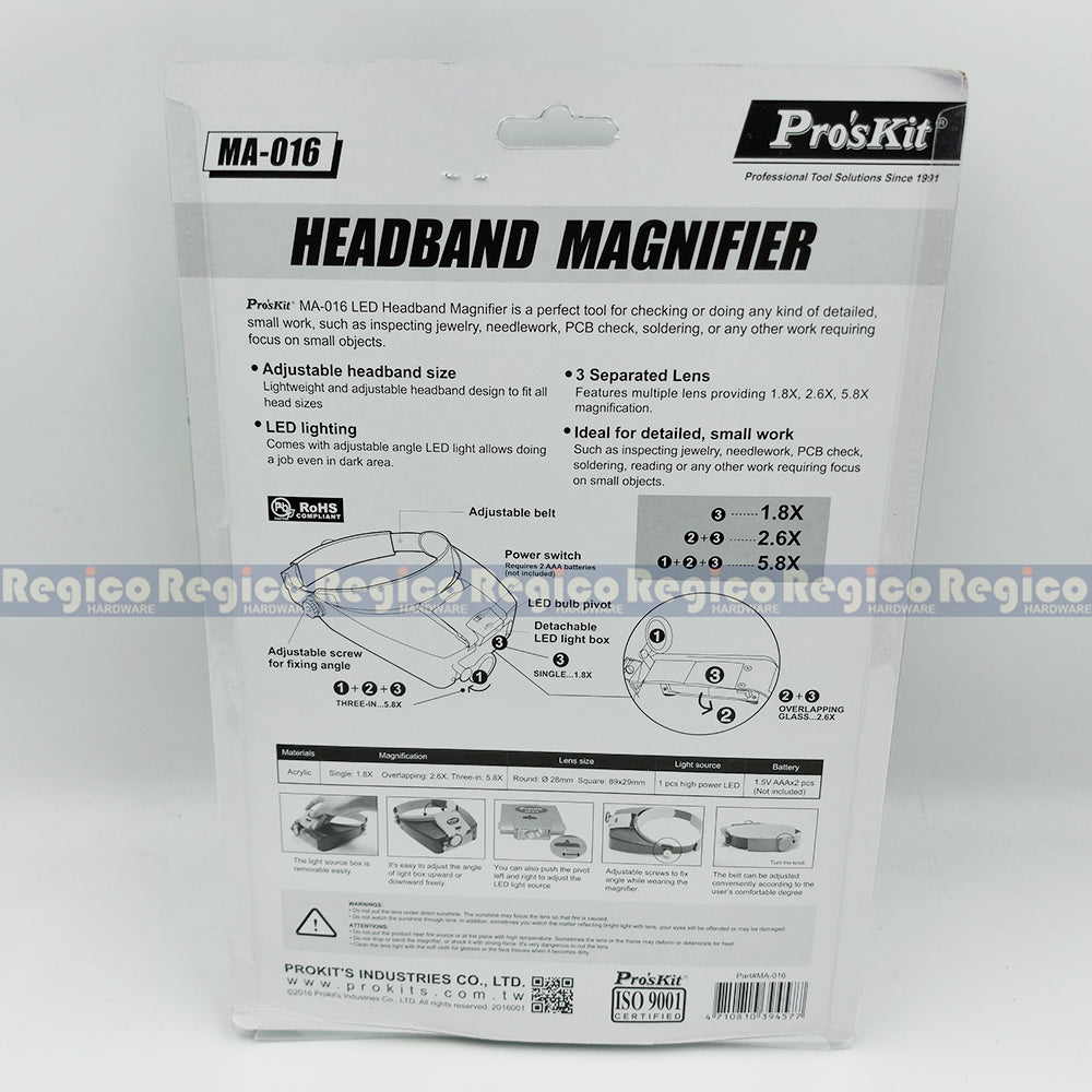 Proskit 1.8x - 5.8x Headband Reading Lens Glass Magnifier Jewelry Electrical Electronics Jeweler Repair Tool MA-016