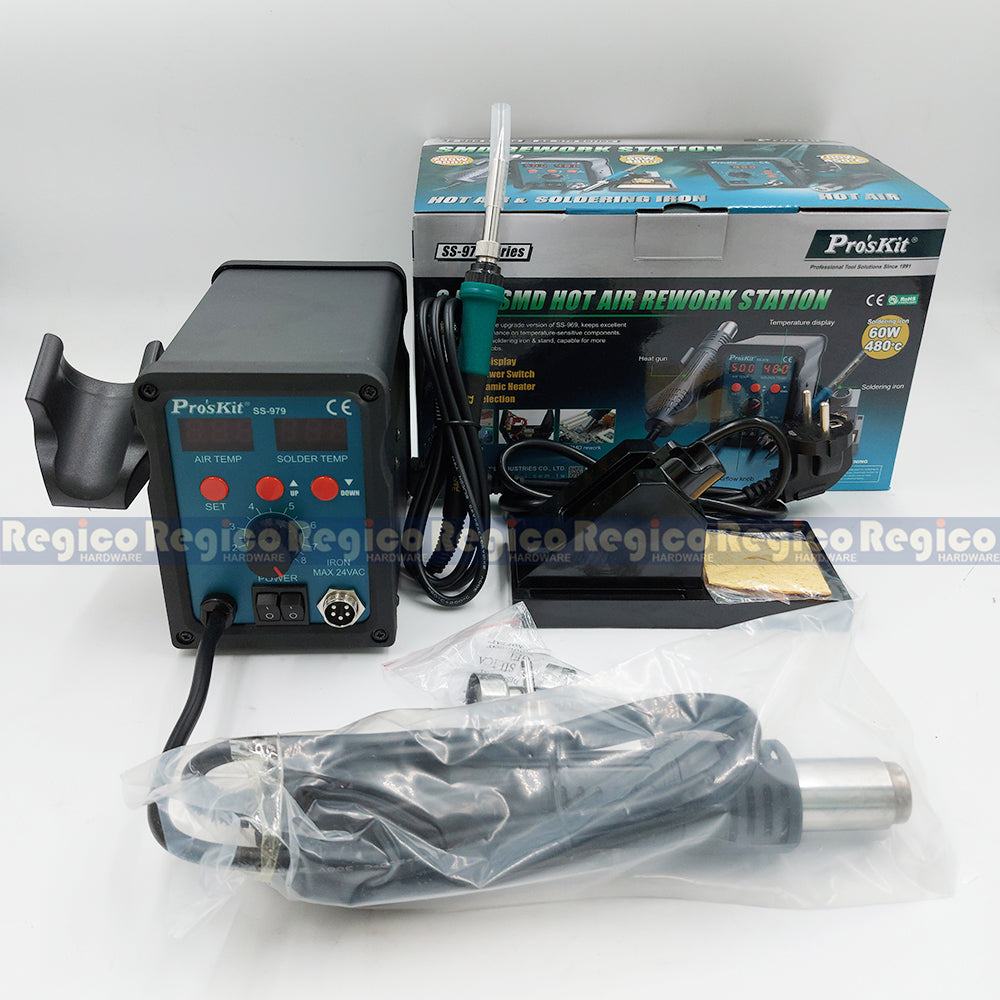 ProsKit 2 in 1 Hot Air Soldering Rework Station SMD Dual Digital Display 760W Heat Gun Welding Soldering Iron PCB Repair Tools SS-979B