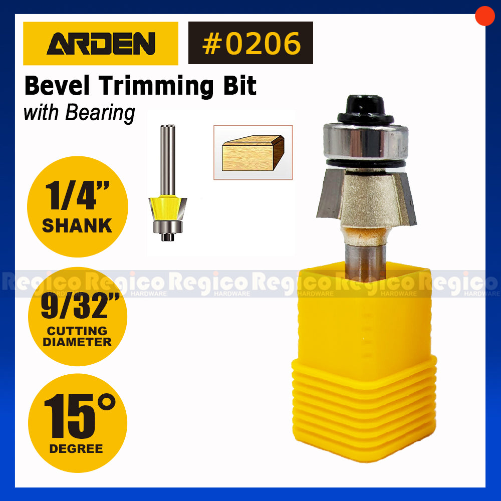 Arden 1/4 Shank 15 degrees Bevel Trimming Bit with Ball Bearing Bit #0206