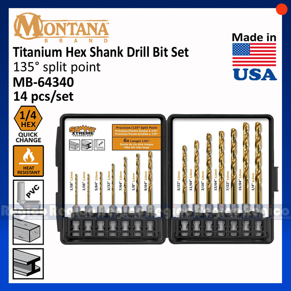 Montana MB-64340 14pcs. Titanium Drill Bit Set 1/4 Hex Shank