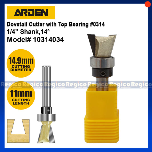 ARDEN 14.9mm x 11mm Dovetail Cutter Router Bit with Top Bearing #0314, 1/4 Shank