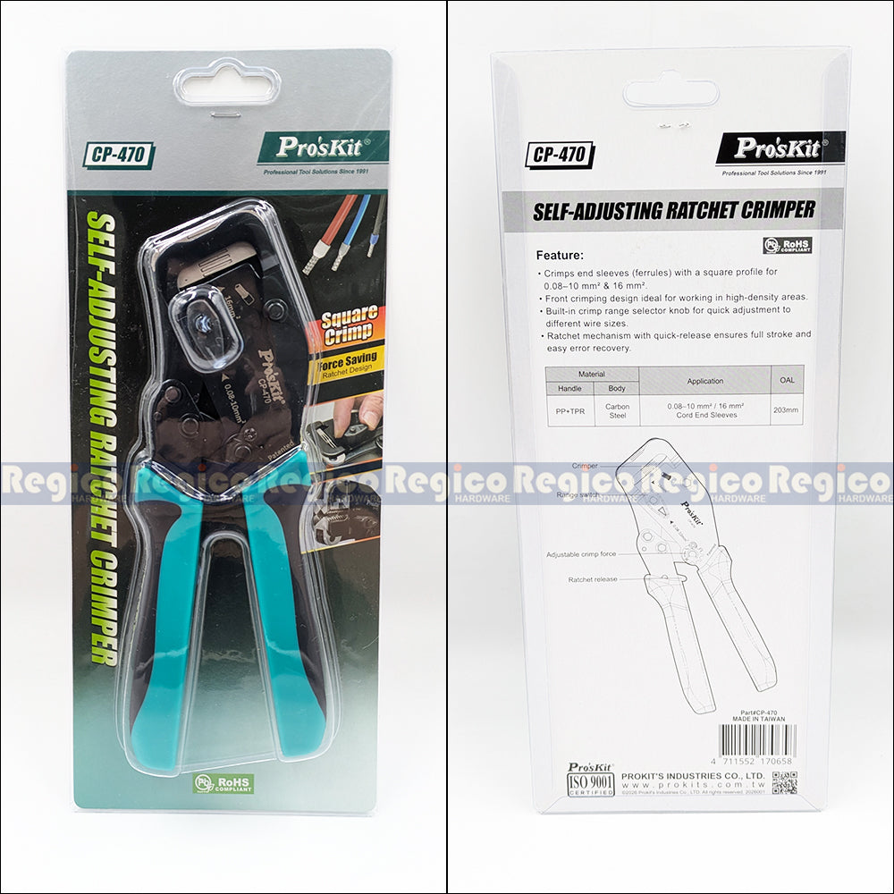 Pro'sKit CP-470 Self-Adjusting Ratchet Crimper | Ferrule Crimping Tool | Wire Terminal Crimper 0.08-10mm² 16mm²