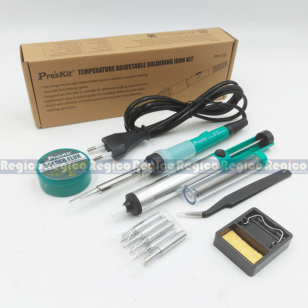 Proskit 250 to 500 degrees Adjustable Temperature Solder Soldering Iron Kit with Desoldering Pump Welding Replacement Tip PK-918 F