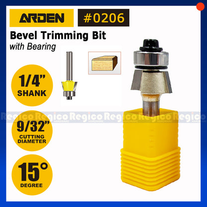 Arden 1/4 Shank 15 degrees Bevel Trimming Bit with Ball Bearing Bit #0206