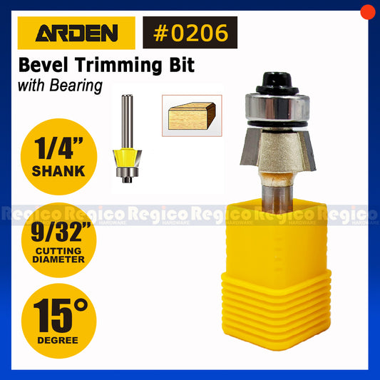 Arden 1/4 Shank 15 degrees Bevel Trimming Bit with Ball Bearing Bit #0206