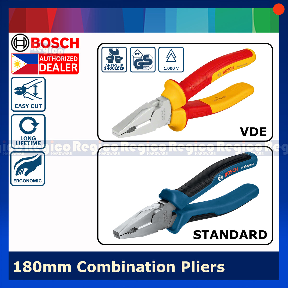 Bosch Standard & VDE Combination Plier 180mm Bosch Hand Tools 1600A02NE1 | 1600A01TH7