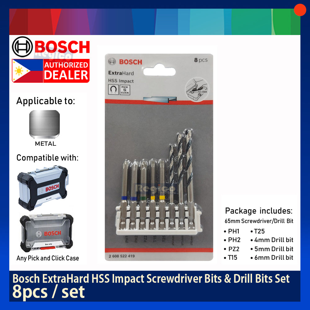 Bosch 8pcs ExtraHard HSS Impact Pick and Click Screwdriver Bits and  Drill Bits Set Bosch Accessories 2608522419