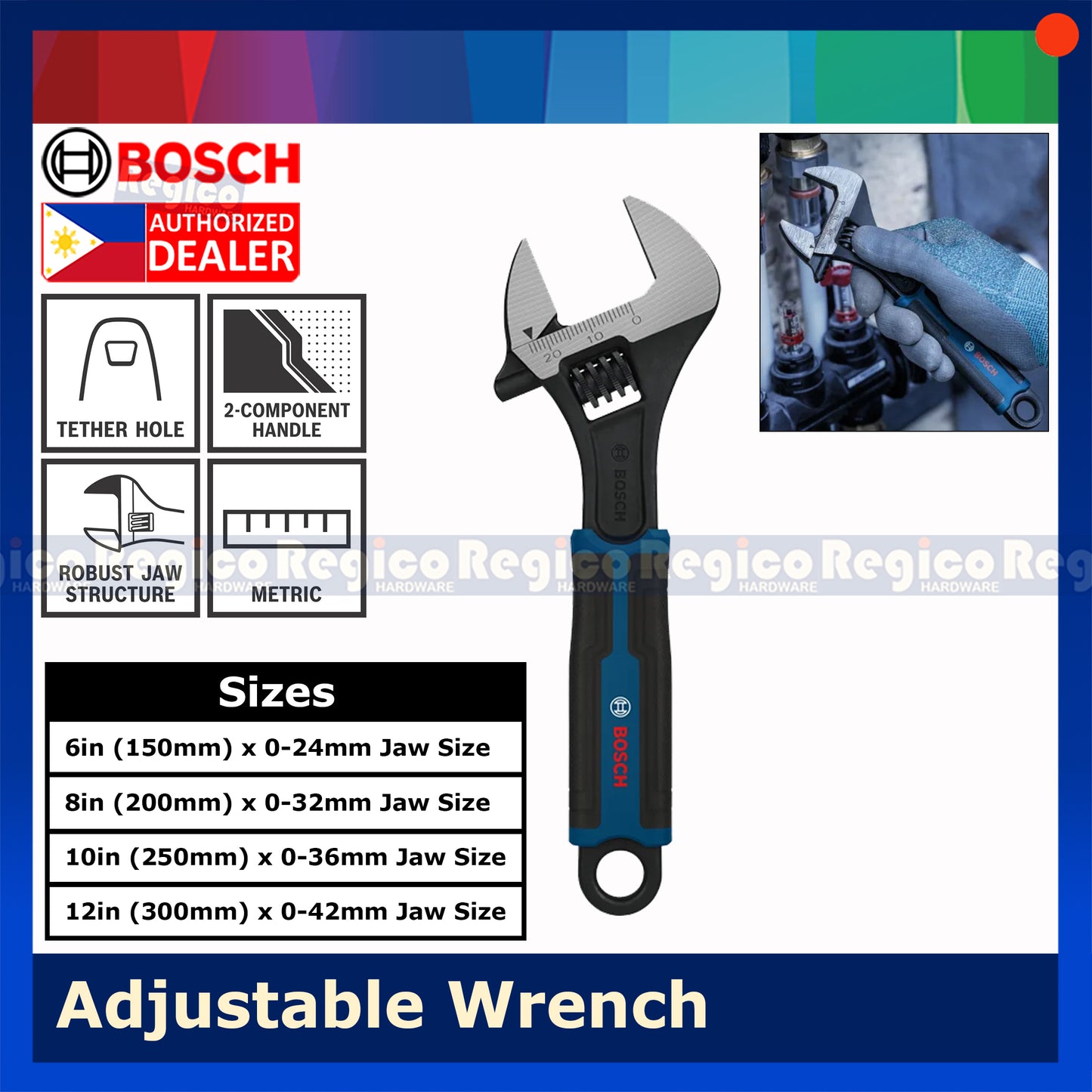 Bosch Adjustable Wrench High Carbon Steel Quick Adjustment Anti Slip Handle 6 8 10 12 inches Bosch Hand Tools