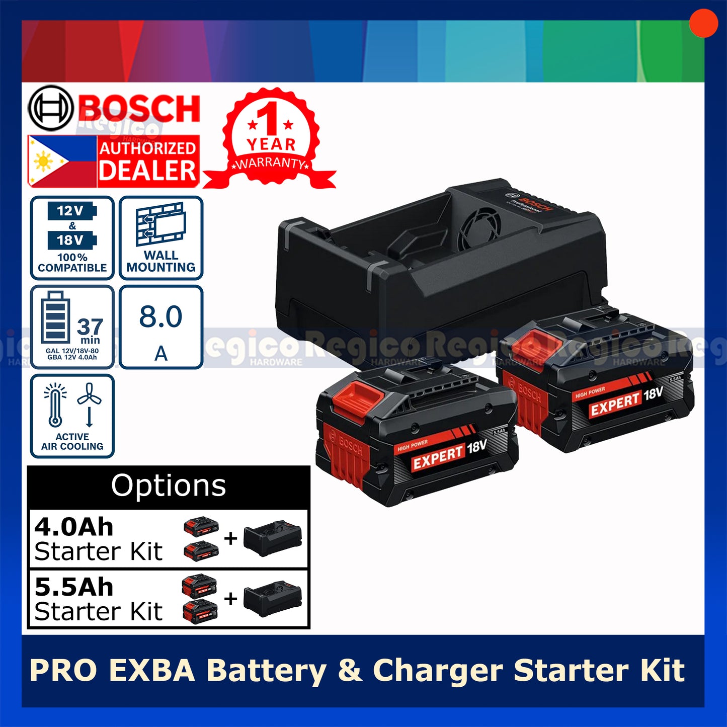 Bosch EXBA 18v Battery Charger Starter Kit EXBA18v-55 EXBA18v-40 with GAL12V/18V-80 charger