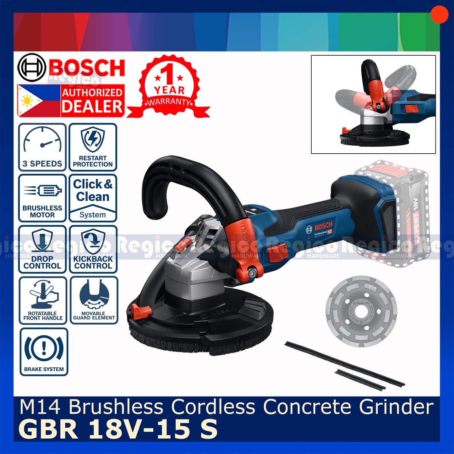 Bosch GBR 18V-15 S Brushless Cordless Heavy Duty Concrete Grinder M14 Bosch Cordless Regico