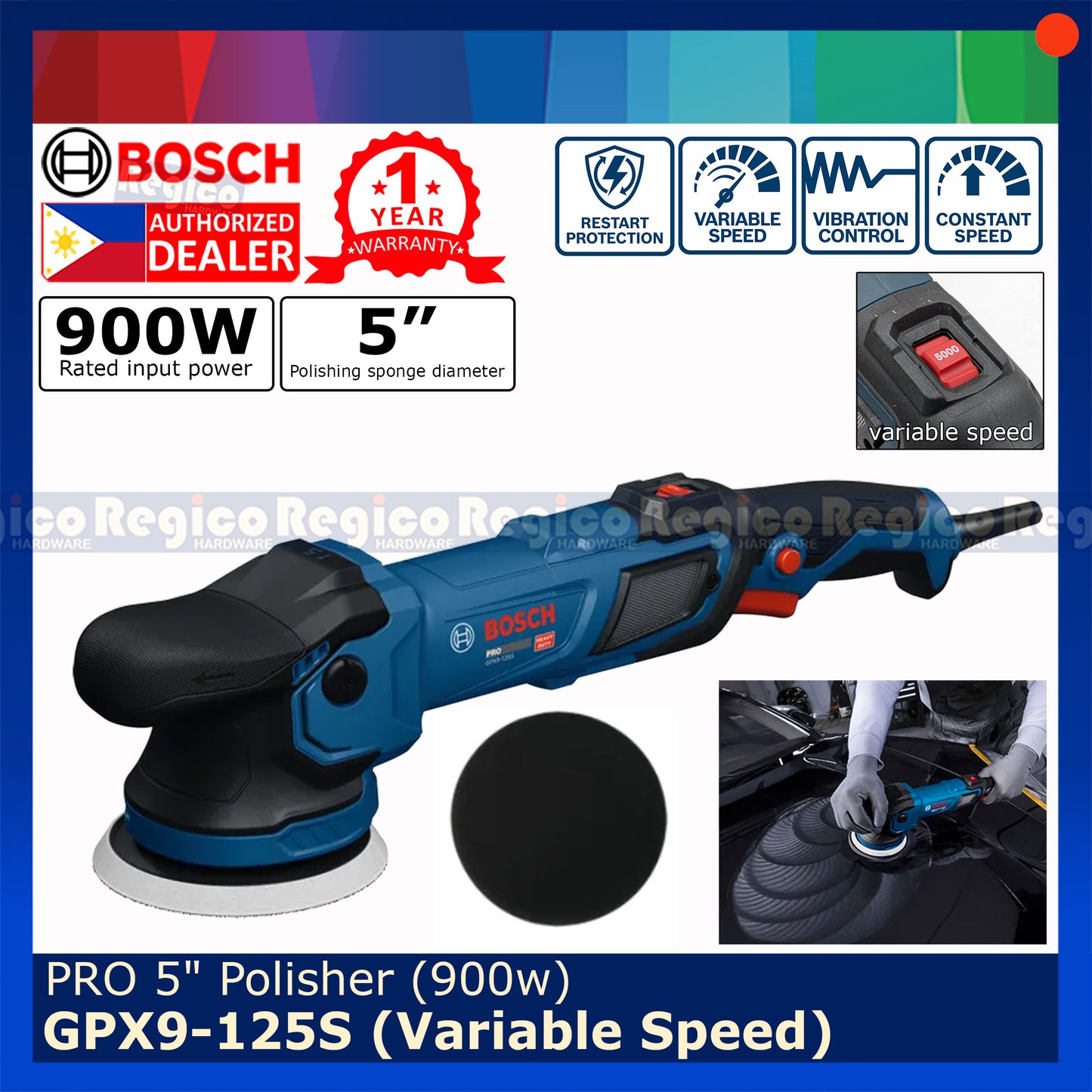Bosch GPX9-125S (900w) Pro Polisher with Variable Speed Bosch Blue Line Regico Hardware