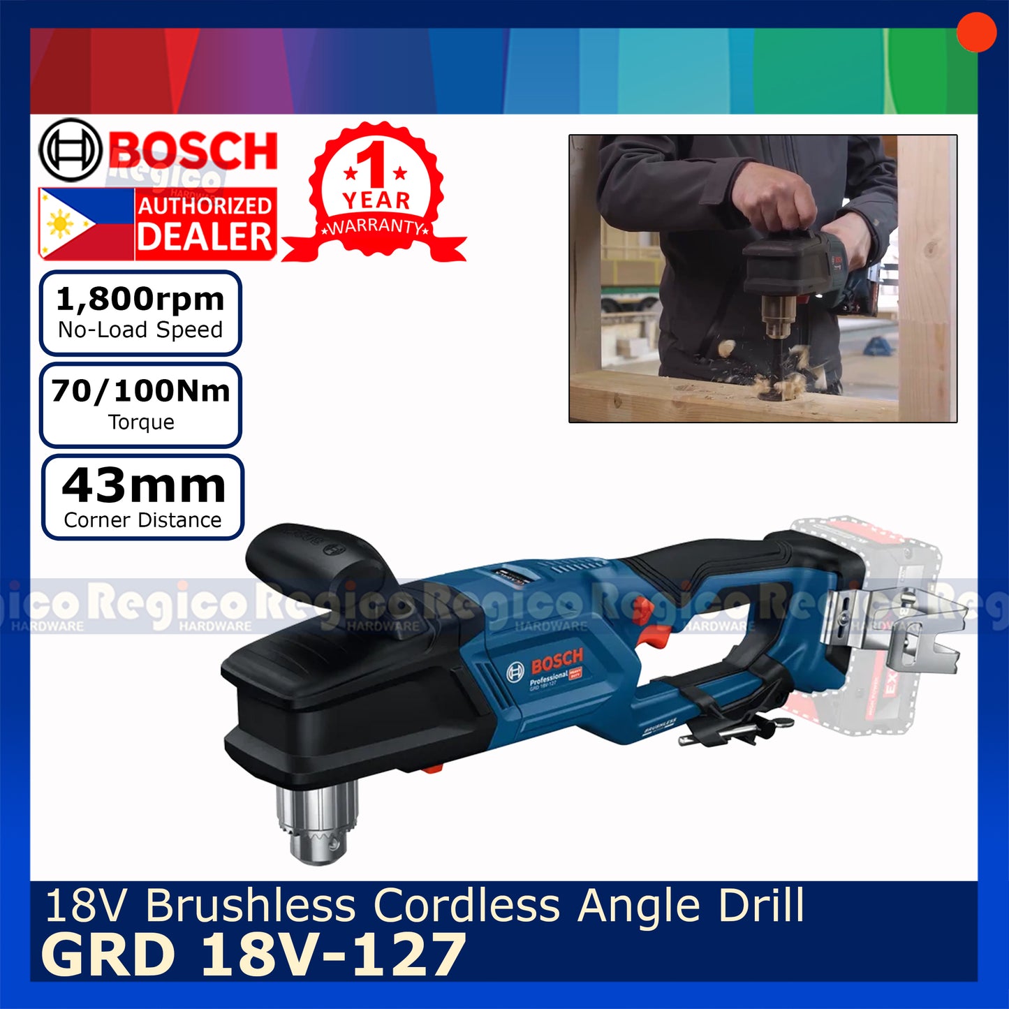 Bosch GRD 18-127 Cordless Angle Drill for Auger Holesaw Self feed Drill Bosch Cordless 18v