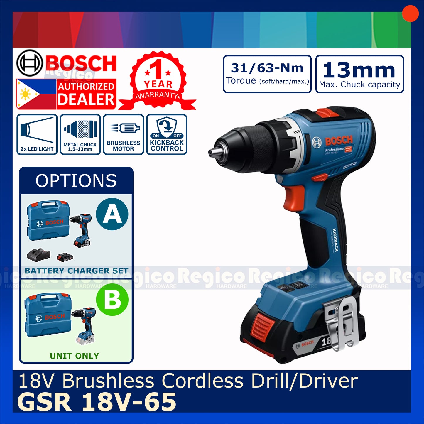 Bosch GSR 18v-65 18v Cordless Hand Drill Driver Kickback Control Bosch Cordless