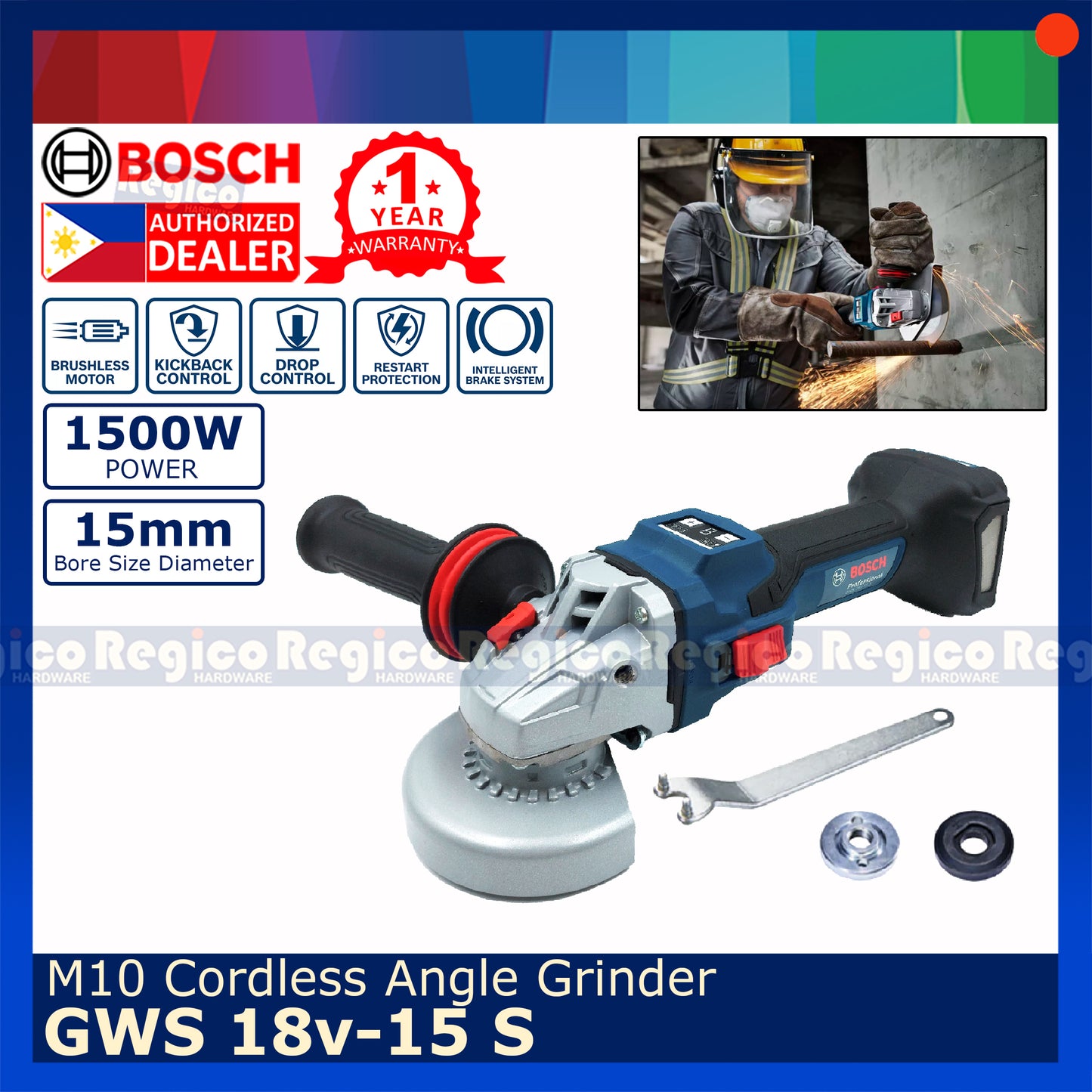 Bosch GWS 18v-15 S M10 1500w Cordless Angle Grinder with Kickback Drop Control Bosch Cordless