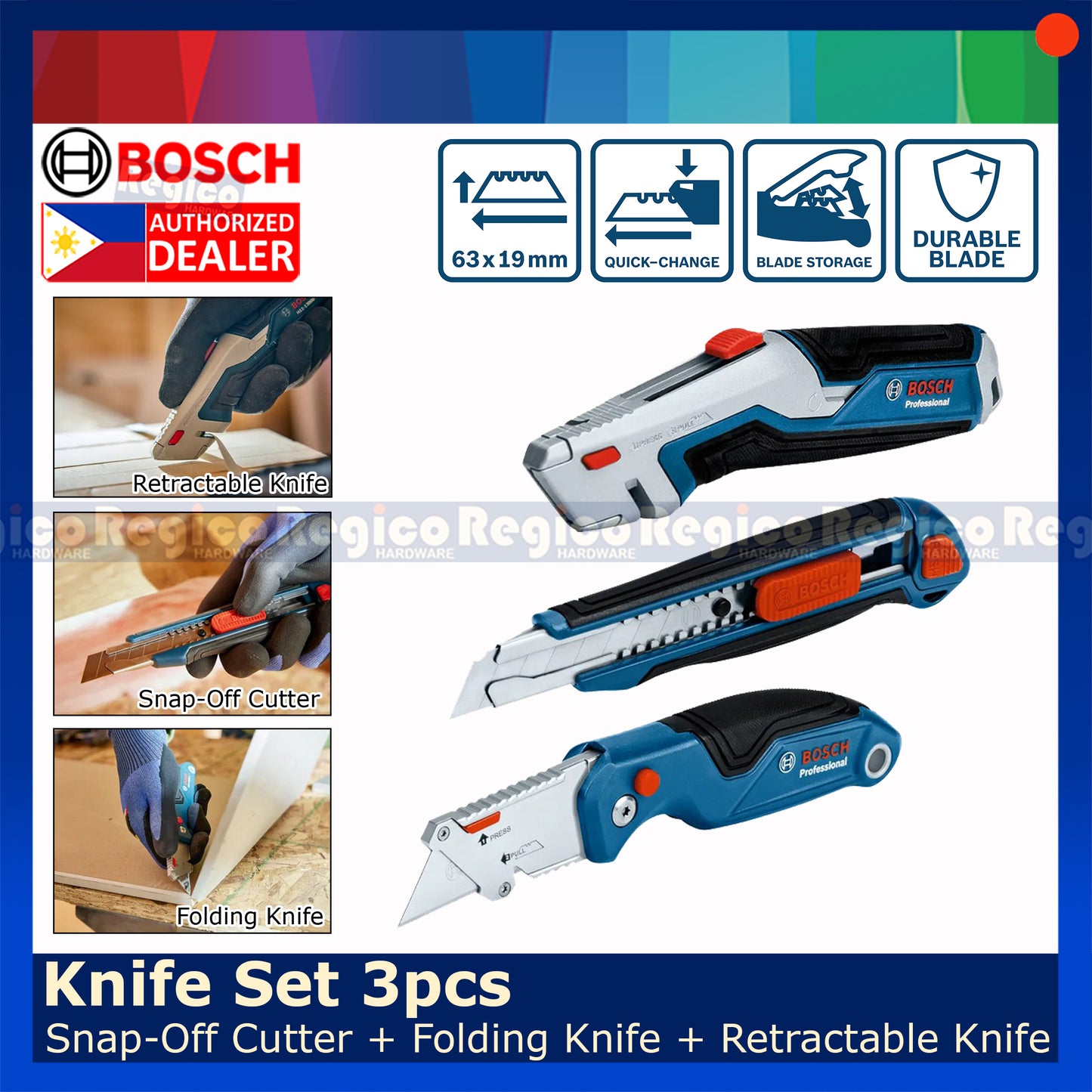 Bosch Knife Set 3pcs Snap-Off Cutter Folding Blade Retractable Knife Bosch Hand Tools (1600A027M4)