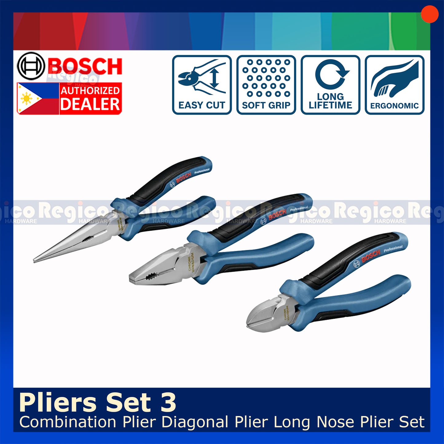 BOSCH Professional Pliers Set 3Pcs | Combination Pliers, Long Nose Pliers & Diagonal Side Cutter | Bosch Hand Tools