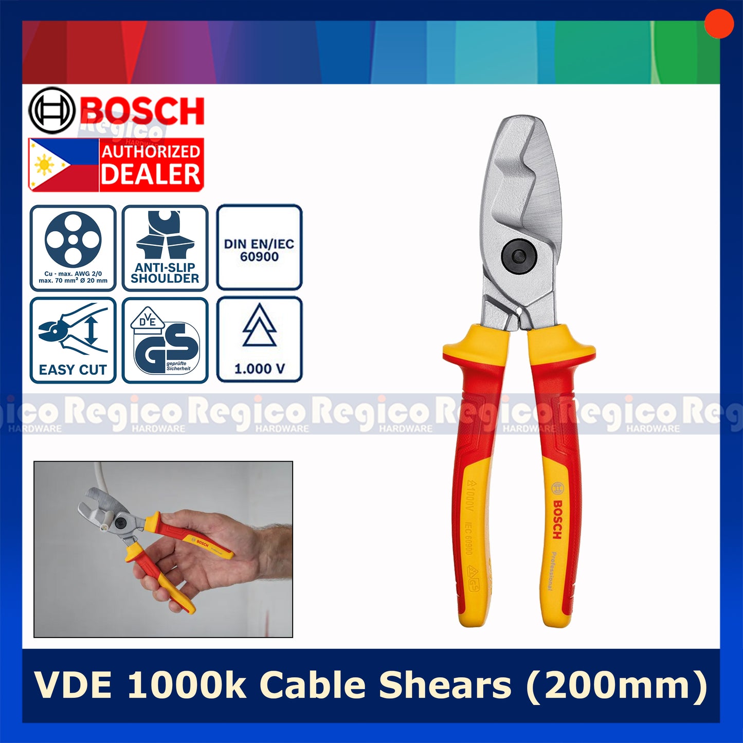 Bosch VDE Cable Shears 200mm AWG 2/0 Electrical Plies Bosch Hand Tools 1600A02NF4