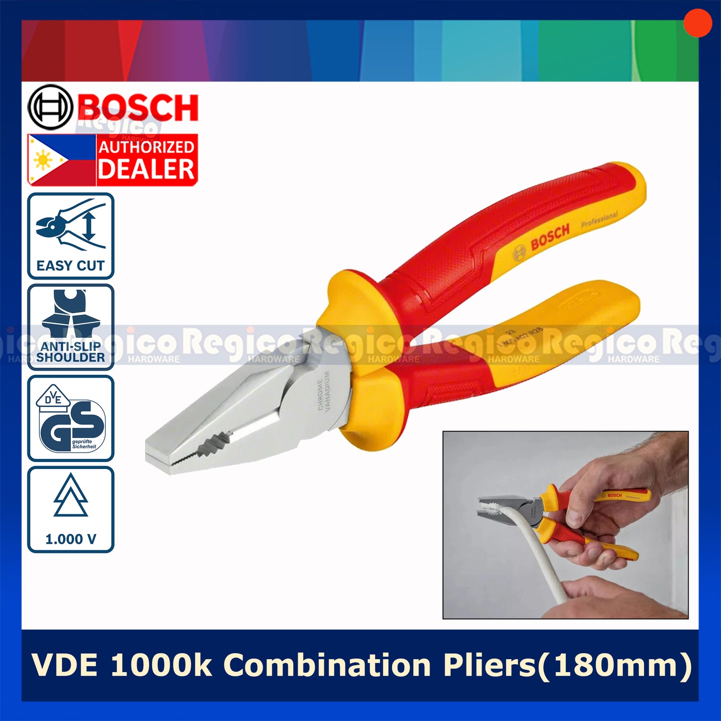 Bosch VDE Combination Plier 180mm Bosch Hand Tools (1600A02NE1)