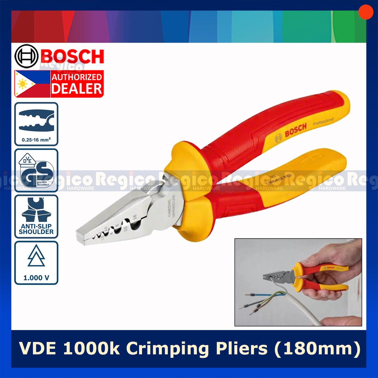 Bosch VDE Crimping Pliers 180mm Electrical Plies Bosch Hand Tools (1600A02NE6)