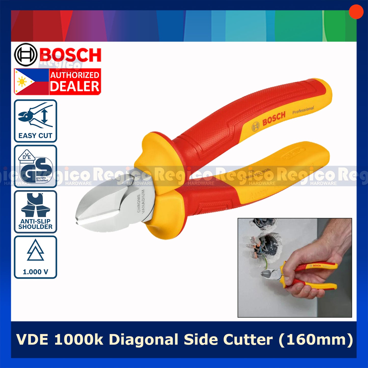 Bosch VDE Diagonal Side Cutter 160mm Electrical Pliers Bosch Hand Tools (1600A02ND9)