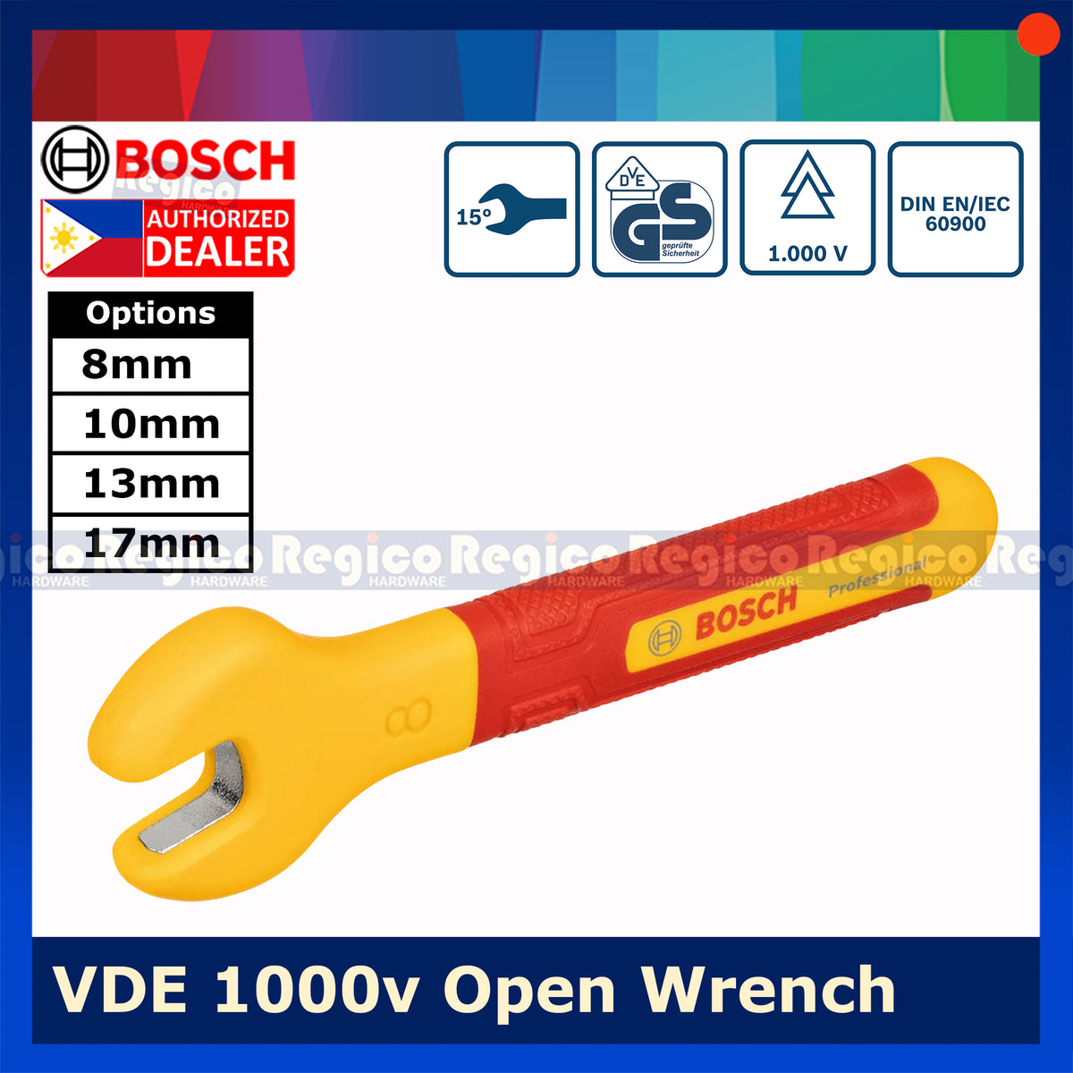 BOSCH VDE Open End Wrench 13mm | Insulated Spanner 1000V | Electrical Electrician Bosch Hand Tools