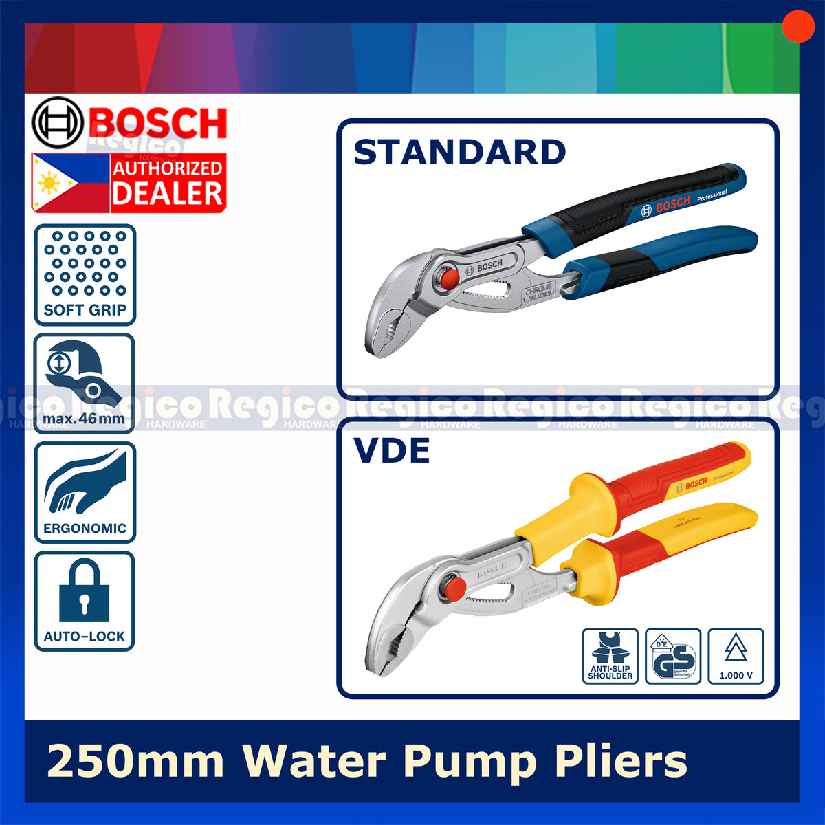 BOSCH Water Pump Sanitary Pliers 250mm | Adjustable Pipe Pliers & Plumbing Tool | Standard VDE Bosch Hand Tools