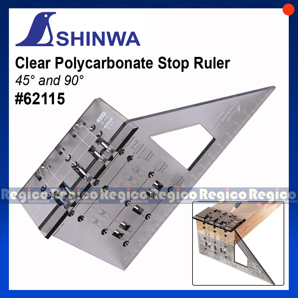 Shinwa 45° and 90° Clear Polycarbonate Stop Ruler Square Squala #62115