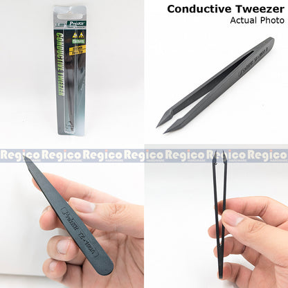 Proskit Static Anti-Static Steel Fiber Flat Dissipative Conductive Non-Inductive Fine Tip Tweezer Electronics Repair Tool TZ-100A TZ-300A Regico Hardware