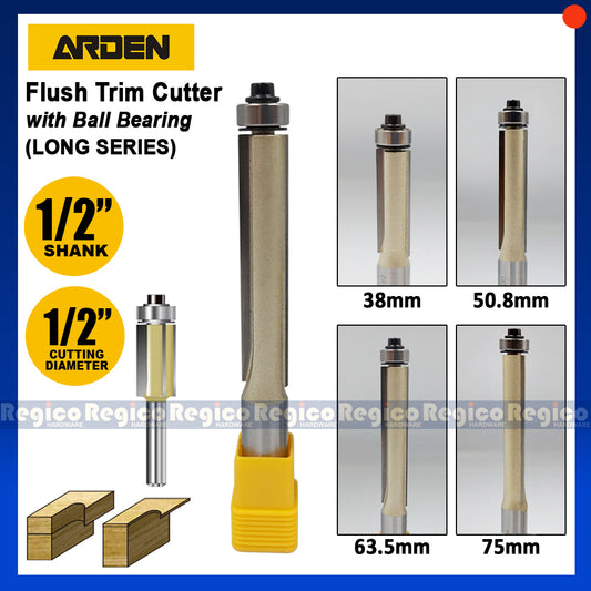 ARDEN 1/2" Shank Flush Trim Router Bit with Ball Bearing Long Series #0202