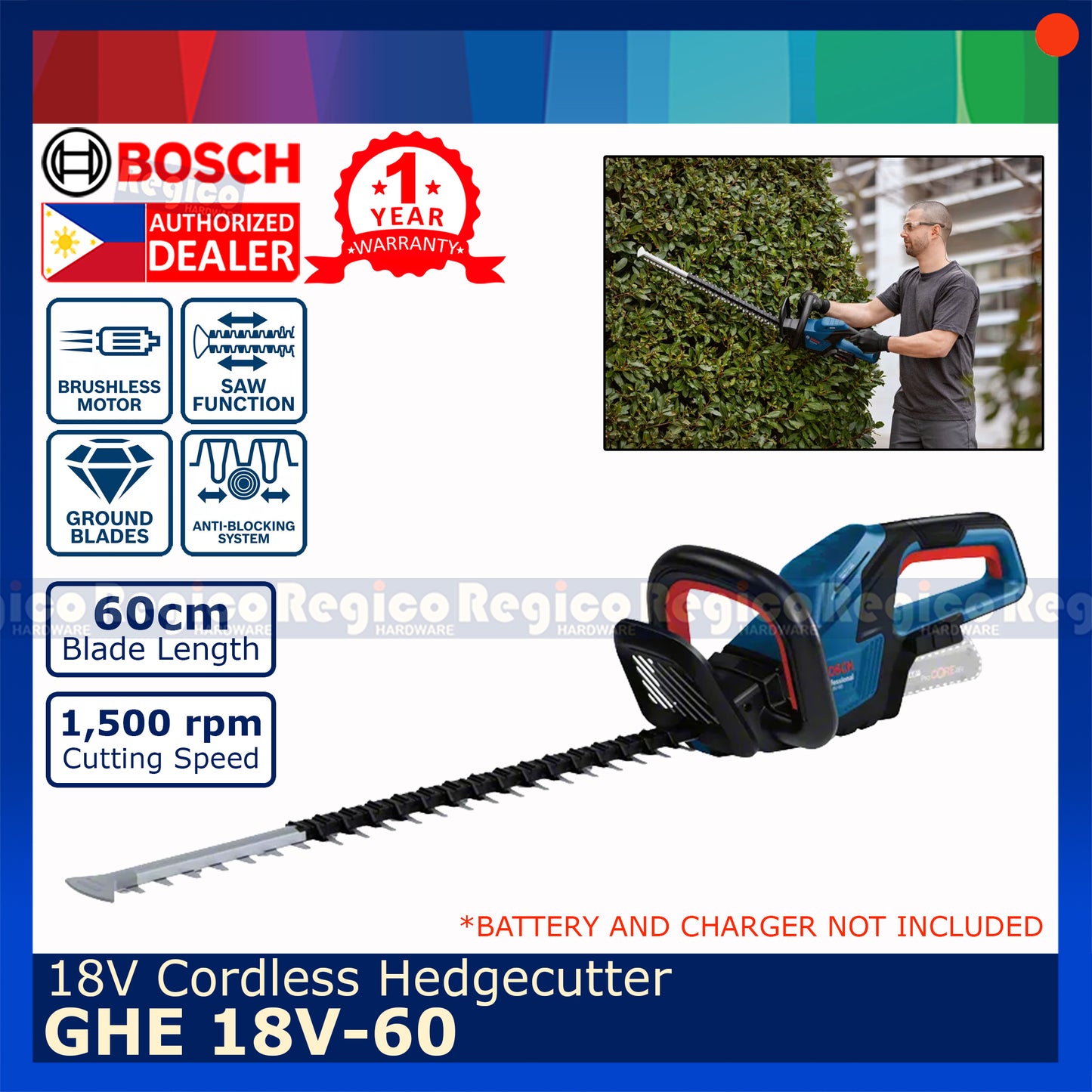 Bosch GHE 18v-60 Cordless Hedge Trimmer for Lawn and Garden Bosch Cordless 18v (BATTERY AND CHARGER NOT INCLUDED)