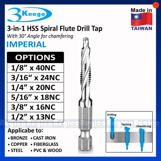 3KEEGO 3-in-1 Imperial Spiral Flute Drill Tap and Chamfer Bit