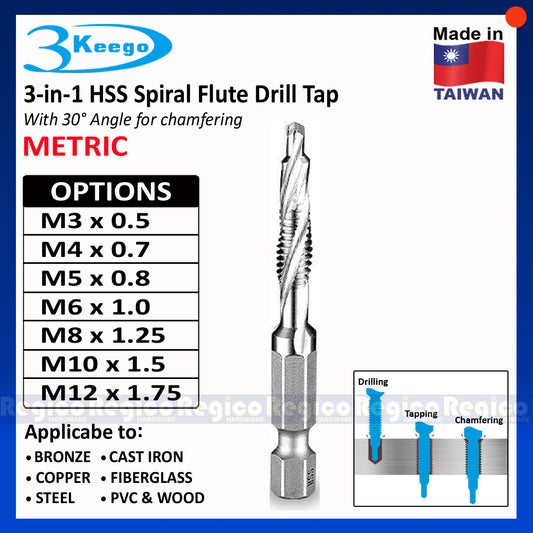 3KEEGO 3-in-1 Metric Spiral Flute Drill Tap and Chamfer Bit