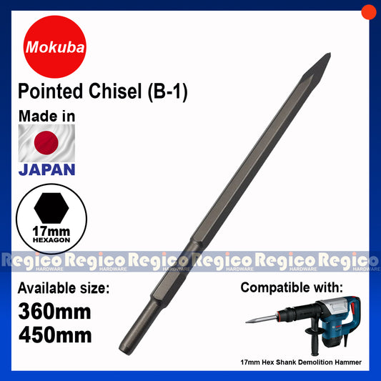 MOKUBA Pointed Chisel 17mm Hex Shank for Demolishing Chipping Hammer Gun Made in Japan