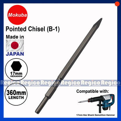 MOKUBA Pointed Chisel 17mm Hex Shank for Demolishing Chipping Hammer Gun Made in Japan