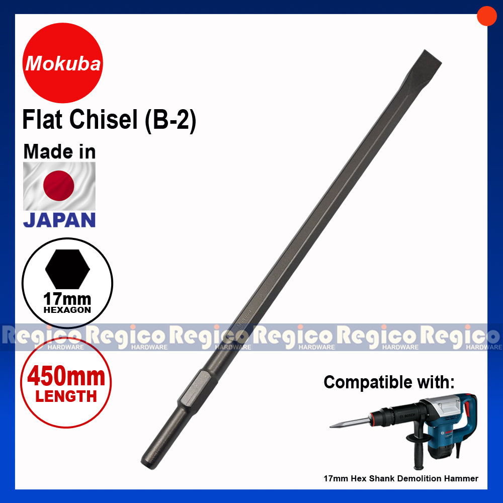 MOKUBA Flat Chisel 17mm Hex Shank for Demolishing Chipping Hammer Gun Made in Japan