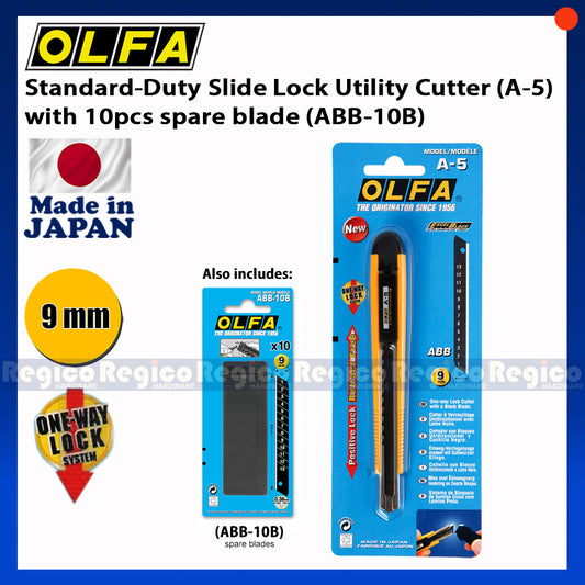 OLFA Standard-Duty Slide Lock Utility Cutter (A-5) with 10 pcs. spare blade (ABB-10B)