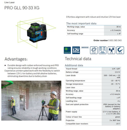 Bosch PRO GLL 90-33 XG 30m Green Line Laser with Bluetooth 12v Bosch Measuring