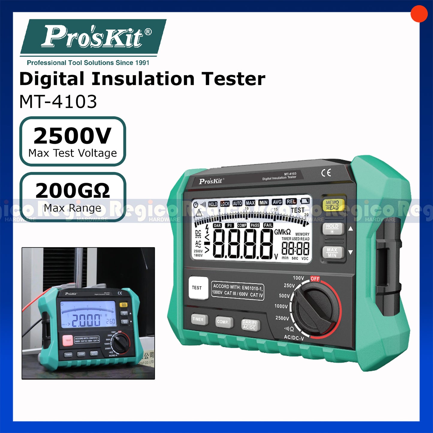 Proskit Digital Insulation Tester with Insulation Performance Evaluation with DAR&PI Measurement for Cable Detection MT-4103 Regico
