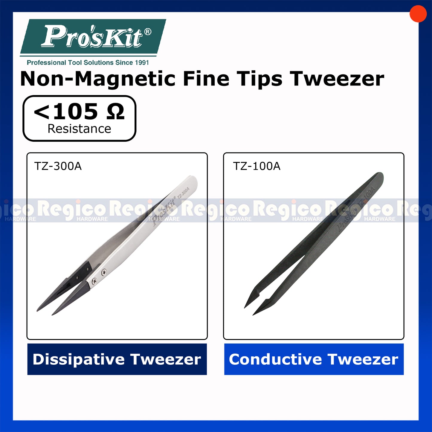 Proskit Static Anti-Static Steel Fiber Flat Dissipative Conductive Non-Inductive Fine Tip Tweezer Electronics Repair Tool TZ-100A TZ-300A Regico Hardware