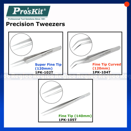 Pro'sKit Precision Tweezers | Fine Tip Straight Curved Tweezers | Electronics SMD Jewelry Tweezers | 1PK-102T 104T 105T