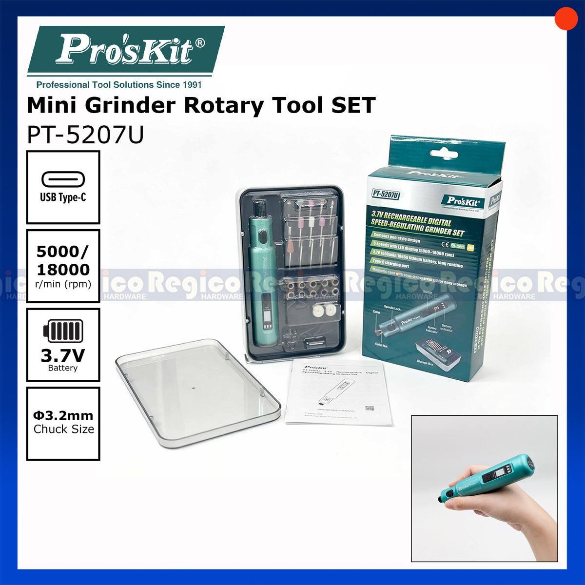 Pro'sKit PT-5207U USB-C Rotary Tool Set with 50pcs Accessories | 3.2mm Cordless Mini Grinder, Cutter, Sander & Engraver