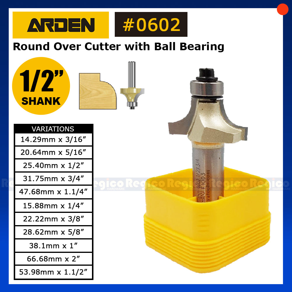 ARDEN #0602 1/2 Shank Round Over Beading Edging Ball Bearing Router Bit for Woodworking