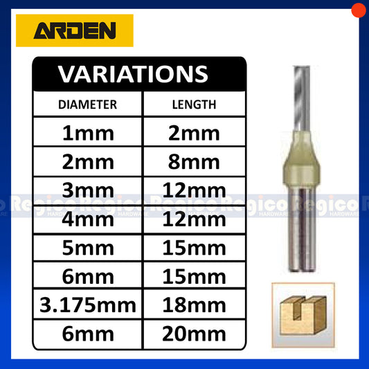 ARDEN 2 Flute 1/4  Shank Metric TCT Straight Router Bit #0107