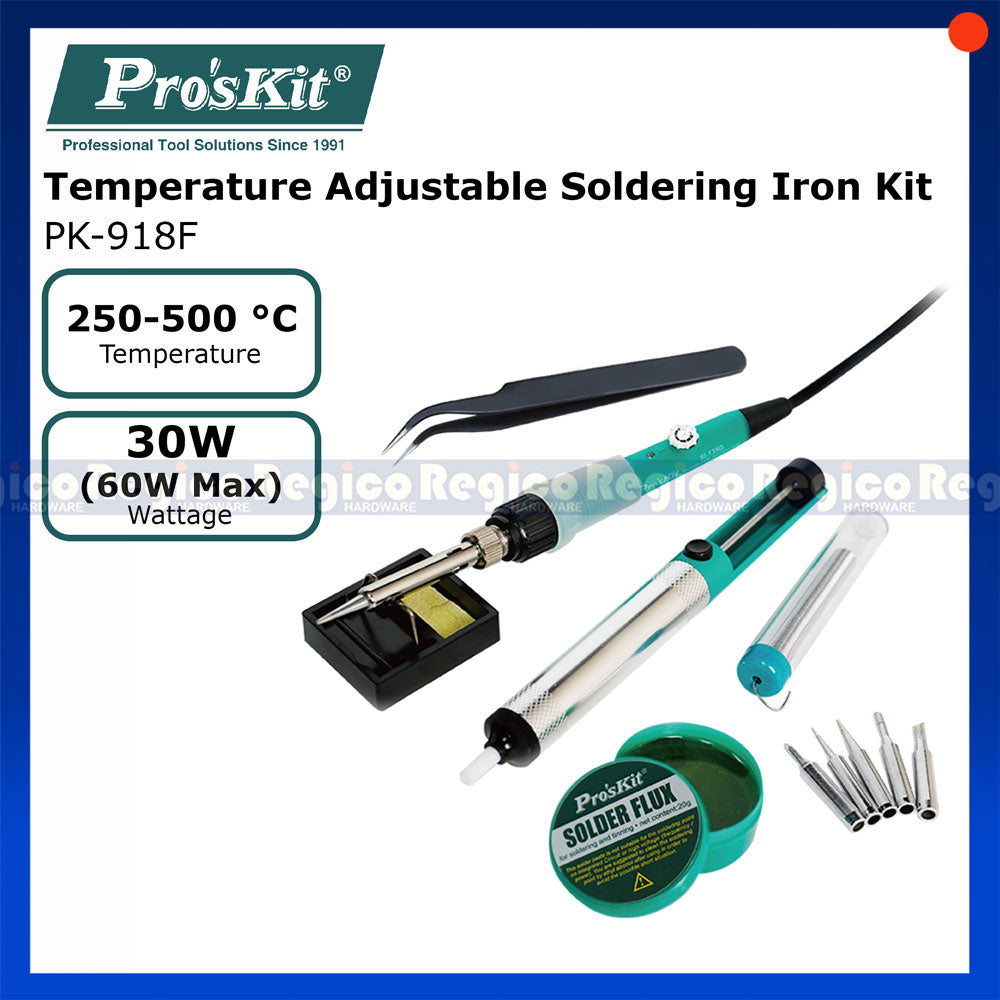 Proskit 250 to 500 degrees Adjustable Temperature Solder Soldering Iron Kit with Desoldering Pump Welding Replacement Tip PK-918 F