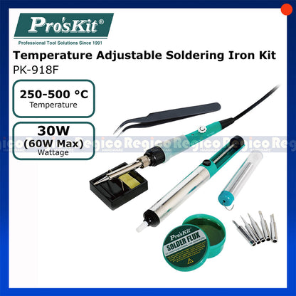 Proskit 250 to 500 degrees Adjustable Temperature Solder Soldering Iron Kit with Desoldering Pump Welding Replacement Tip PK-918 F