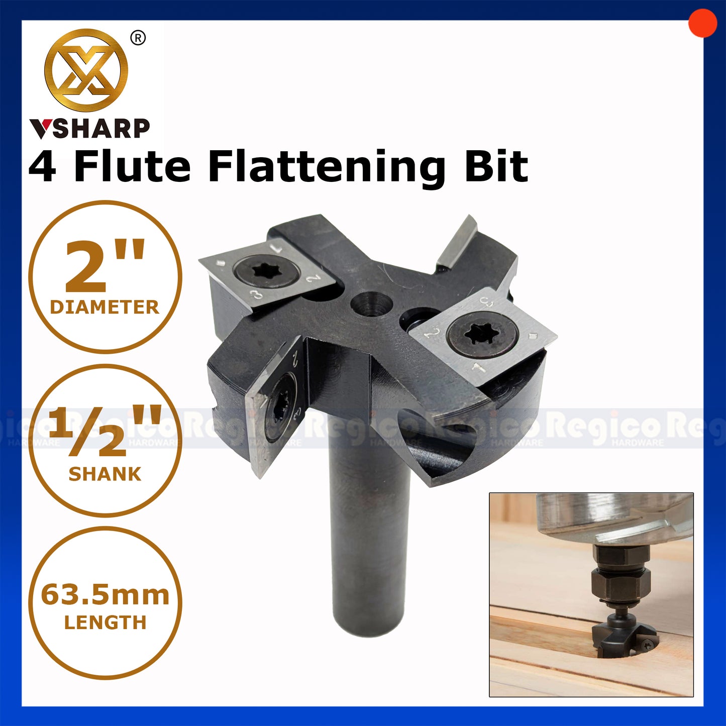 VSharp 2 inches 2+2 Flute 1/2 Shank Surfacing Flattening Wood Planer T-Cutter Router Bit for Woodworking