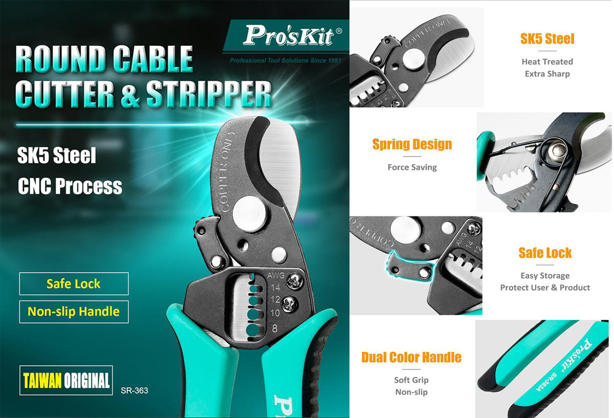 Pro'sKit 2 in 1 Round Cable Cutter and Stripper | Wire Stripping and Cable Cutting Tool SR-363B